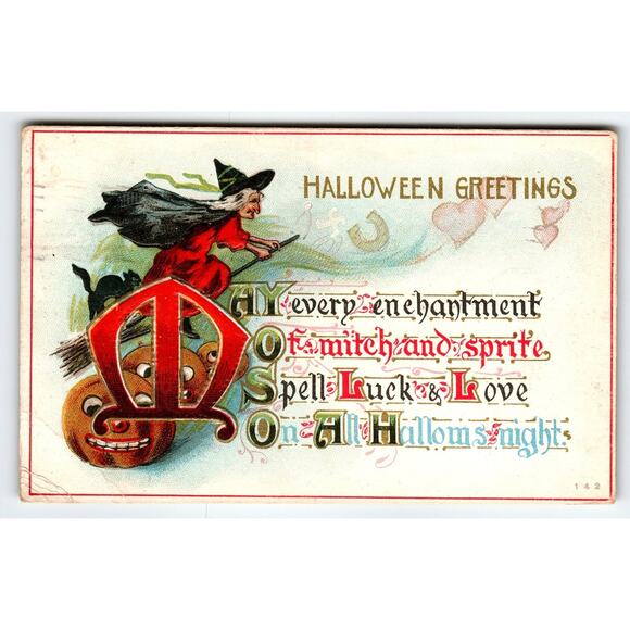Vintage 1912 Halloween Postcard May Every Enchantment Witch Black Cat Antique - Picture 1 of 2